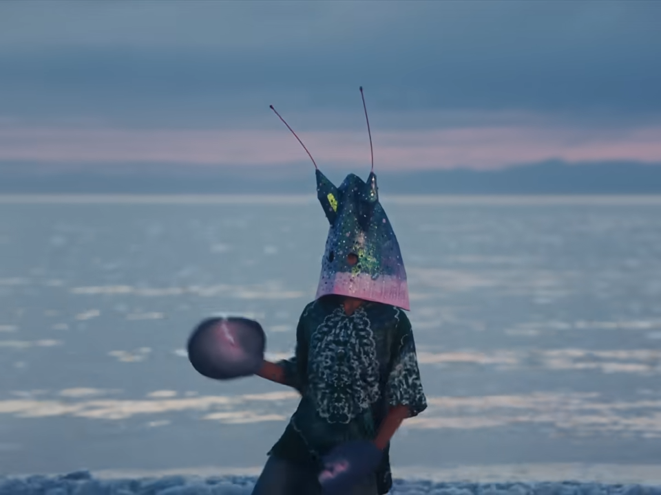 A performer in a handmade blue bee mask with wire antennae stands in front of the sea.