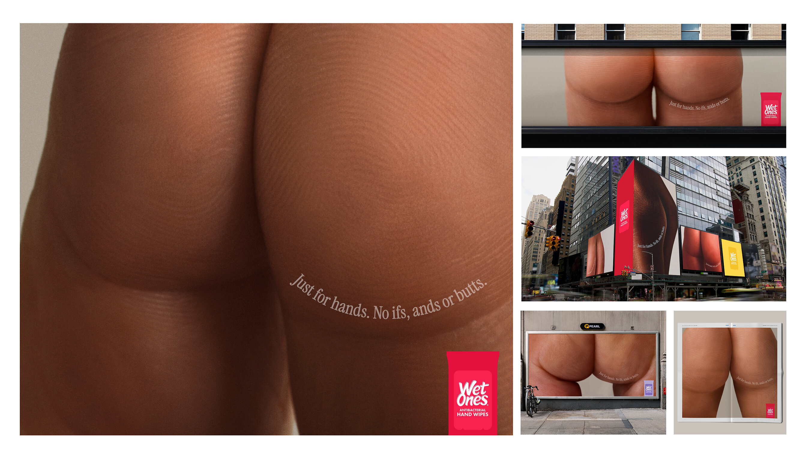 Wet Ones campaign composite showing the hand illusion, branded packs and outdoor executions.